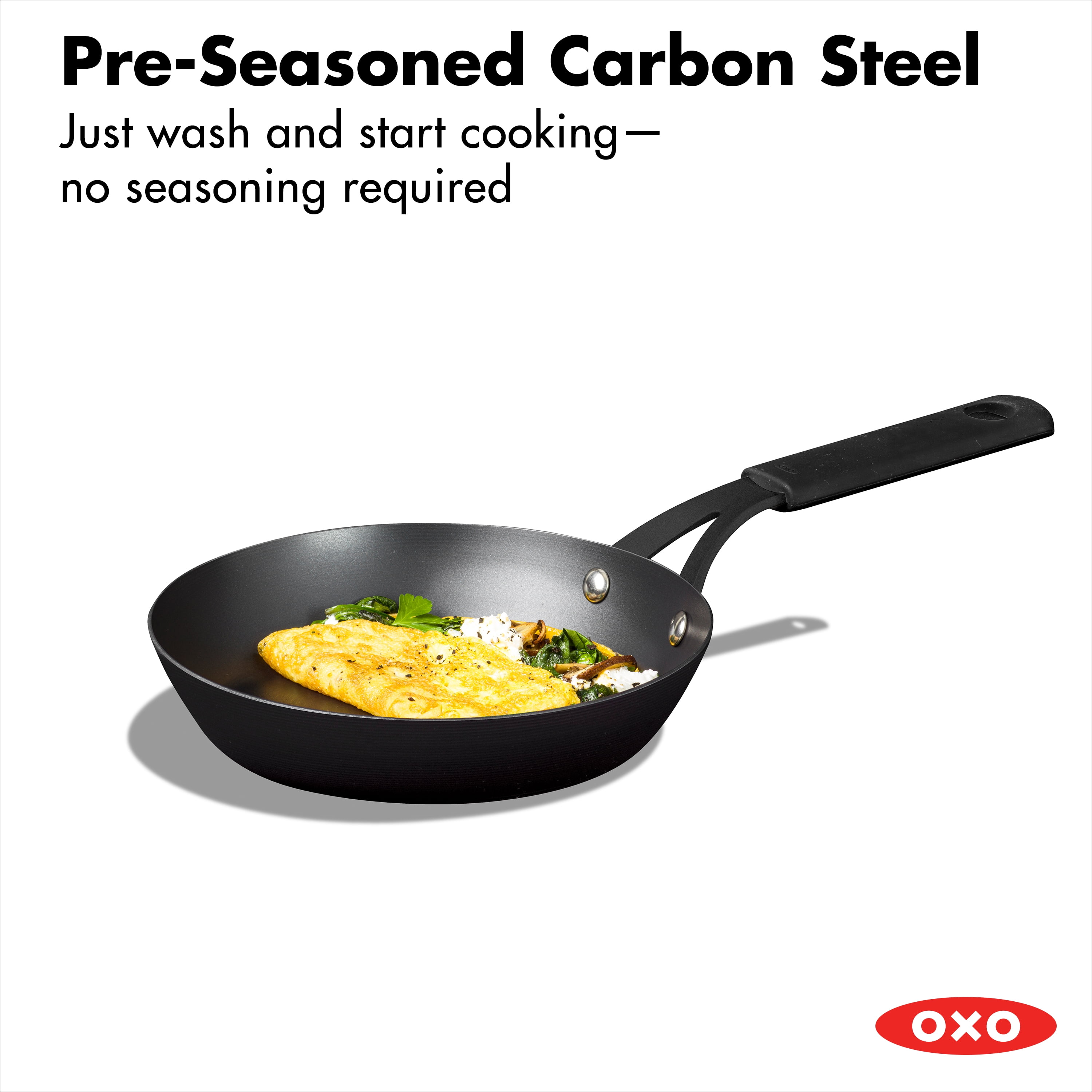  OXO Obsidian Pre-Seasoned Carbon Steel, 10 Frying Pan Skillet  with Removable Silicone Handle Holder, Induction, Oven Safe, Black: Home &  Kitchen