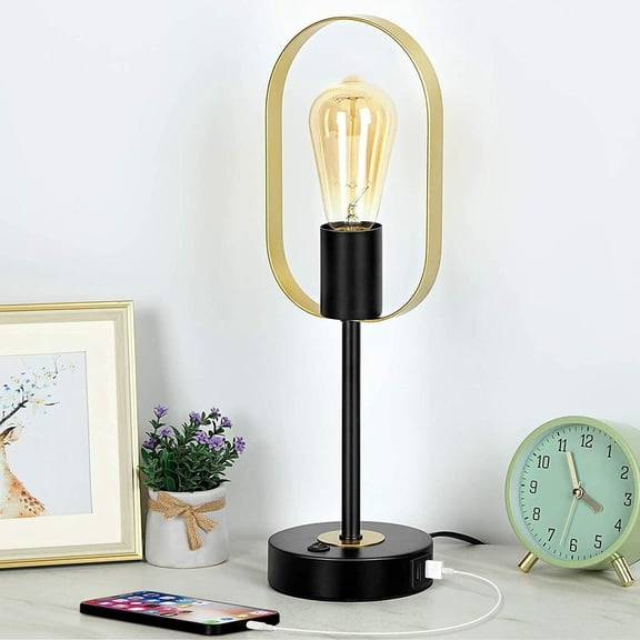 Modern Ring Table Lamp Unique Desk Lamp with USB Charging Ports & AC Outlet Oval