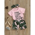 thumbnail image 3 of FEORJGP Little Girl Summer Daily Clothes Kids Baby 6M 1T 2T 3T 4T Short Sleeve T-shirt Crew Neck Shirt Letter Print Tops with Camouflage Pattern Shorts and Headband Toddler Loose Casual 3 Pcs Outfit, 3 of 9