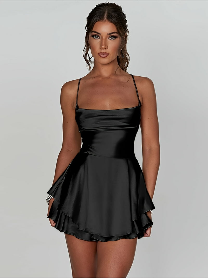 Backless Spaghetti Strap Tiered Dress, Stylish Cowl Neck A-line Mini Dress,  Women's Clothing For Coquette/Cute/Y2K Style - Walmart.com