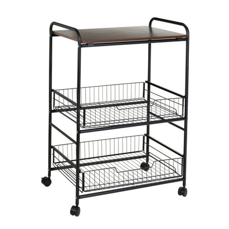 Honey-Can-Do - 3-Tier Rolling Cart with Wood Shelf and Pull-Out Baskets - Black/Brown