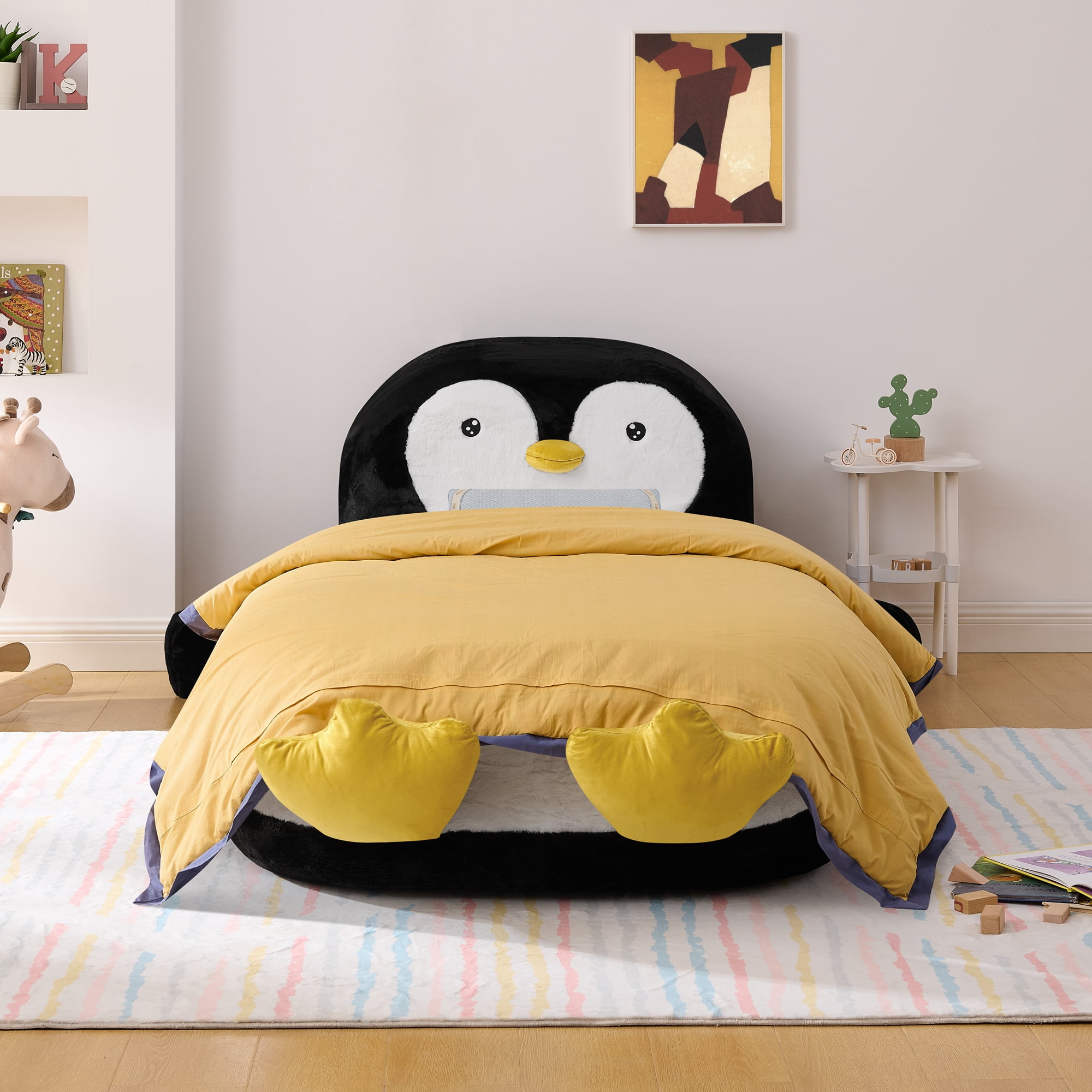 Mintazer Twin Penguin Shaped Kids Floor Bed, Fluffy Faux Fur Upholstered Toddler Lounger Bed for Boys Girls Bedroom, No Box Spring Needed