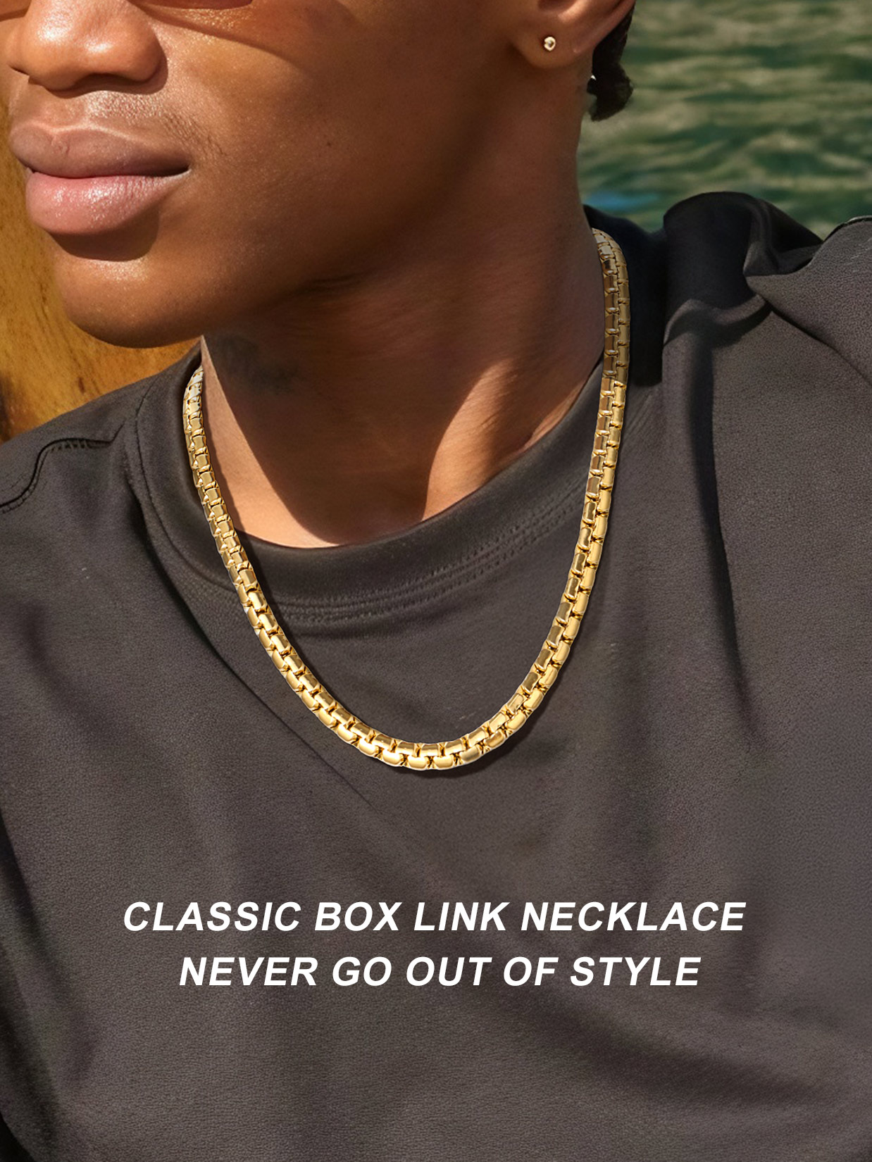 ChainsProMax Gold Plated Flat Box Chain for Men Necklace Stainless Steel 24inch 8mm Hip Hop Jewelry Fathers Day Gift for Dad Son