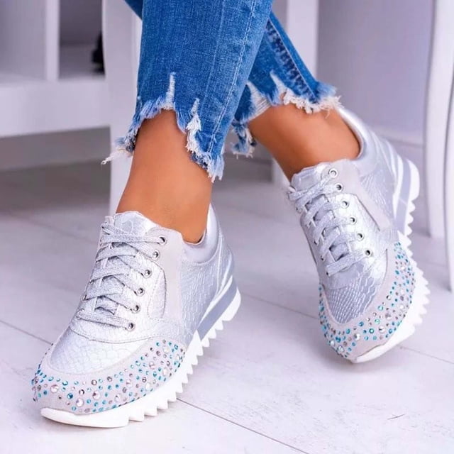 Zapatillas de deporte con cordones brillantes para mujer, zapatos informales de tacón plano con diamantes de imitación para correr, zapatos de plataforma con punta redonda Wmkox8yii shalkjhdk2308