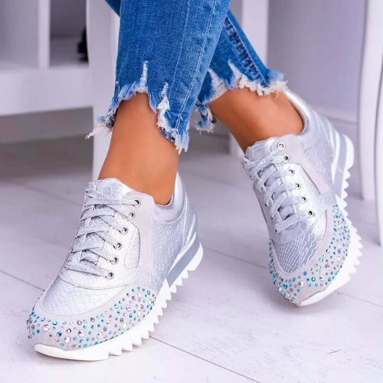 Women Shiny Lace Up Sneakers Rhinestone Flat Heel Casual Running