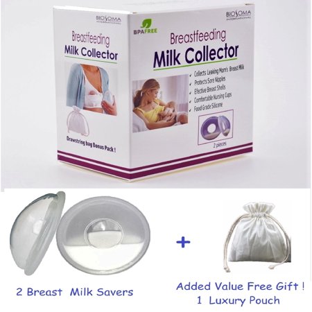BIOSOMA Breastfeeding Milk Collector. Breastmilk Saver Nursing Cups, Safe Breast Shells. 2 ct + 1 Luxury Pouch Bonus