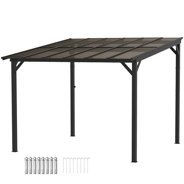 Outsunny 10' x 10' Pergola with a dark grey steel frame and a polycarbonate roof offering UPF 50+ and waterproof protection. The structure features robust 3.1-inch wide steel columns, triangle braces for stability, and a lightweight aluminum roof frame. Includes hardware for secure wall and ground installation. Suitable for outdoor spaces, providing shade and protection from UV rays and rain. Dimensions: 120.5 inches long, 115.7 inches wide, and 101.6 inches high.