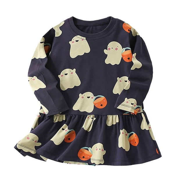 FYDUU Robe Mignonne d'Halloween pour Filles à Manches Longues Col Rond Tenue Décontractée pour Fête Tenue Quotidienne Confortable Polyvalente 2-3 Ans