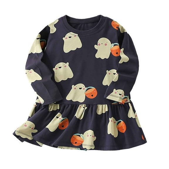 Rhuody Kids Girls Halloween Dresses 6-7 Years Cute Halloween Print Dress Long Sleeve Round Neck Party Kids Outfit Fall Winter Thanksgiving Dresses Fashion Wear Dark Purple