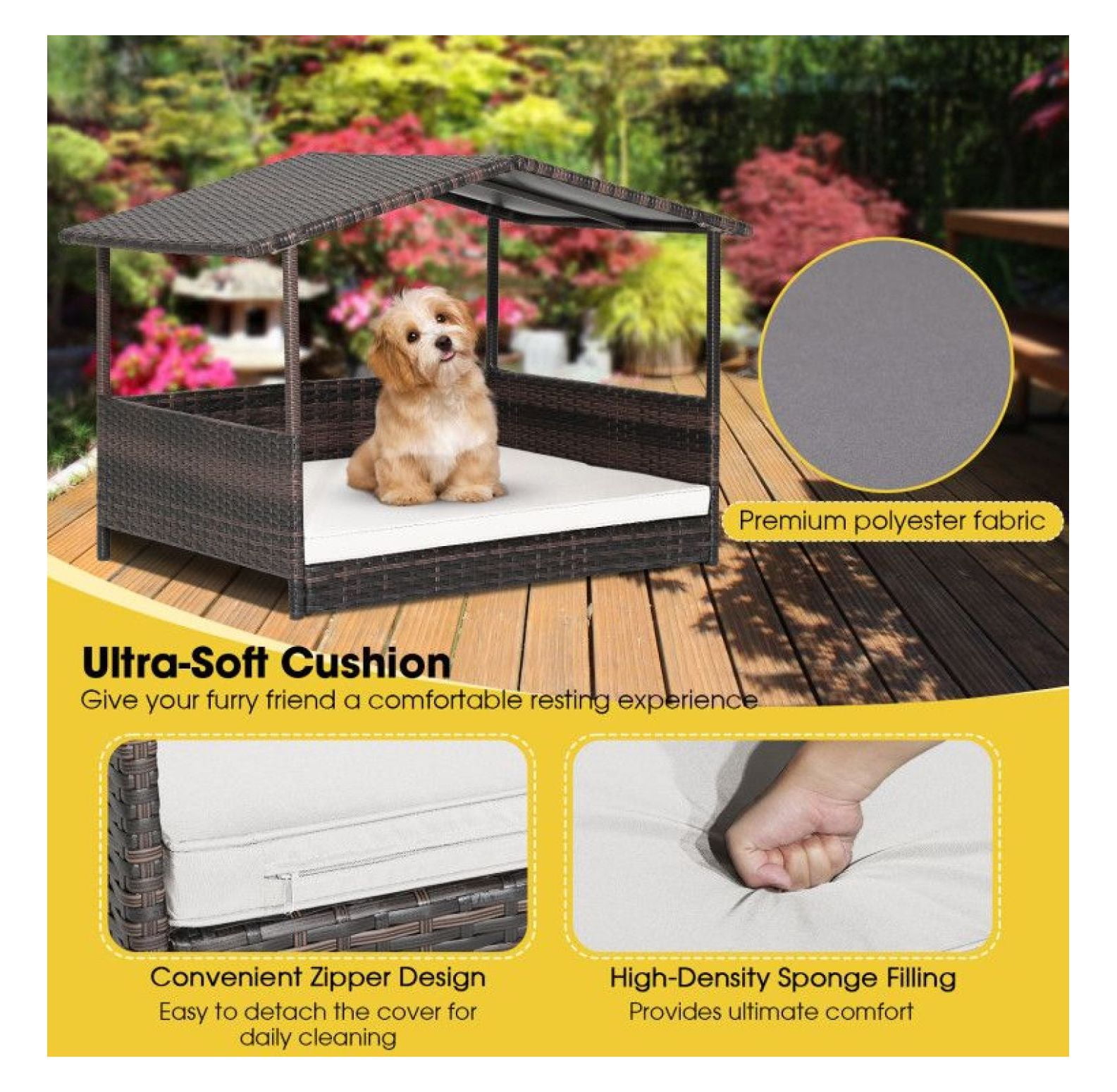 Wicker Dog House Outdoor Indoor, Weatherproof Rattan Dog Bed with Cushion - Large Dog House for Yard, Porch, Living Room - Elevated Pet Bed