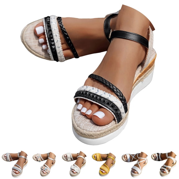 Dakaela Women's Espadrille Wedge Sandals Flower Ankle Strap Platform Summer Shoes Braided Open Toe Dressy Casual Slip on Sandal Size 6-10 Yellow
