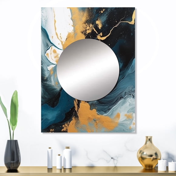 Designart « Traits Élégants Bleu Foncé et Or XI » Fractales Miroir Déco Murale - Grand Miroir Abstrait Bleu Moderne pour Déco Murale - 32 Pouces x 24 Pouces Pouces