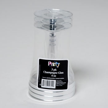 CHAMPAGNE GLASS 3PK SILVER RIM PLATED/PARTY SHRINK WRAP W/LABEL, Case Pack of 24
