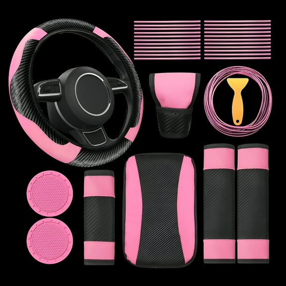 MELIVO 30PCS Car Accessories PU Leather Steering Wheel Cover Set, Car Accessories Gift for Women, Car Vent Trim Strips Air Conditioner Insert Strips Handbrake Cup Holder Cover, Pink