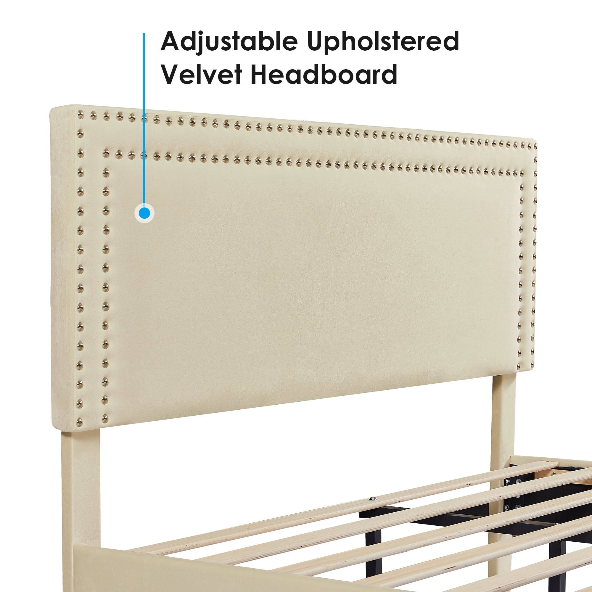 VECELO Queen Size Platform Bed Frame with Adjustable Height Upholstered Headboard, Strong Wood Slat Support, No Box Spring Needed, Beige