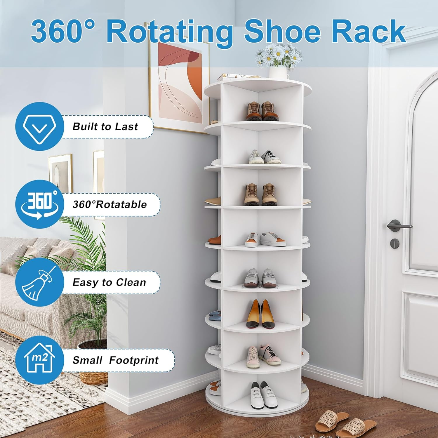 Montary 8-Tier Rotating Shoe Rack Tower Spinning Shoe Display Lazy Susan Tower, 360 Revolving Shoe Storage Organizer Rack for Living Room Entryway Doorway