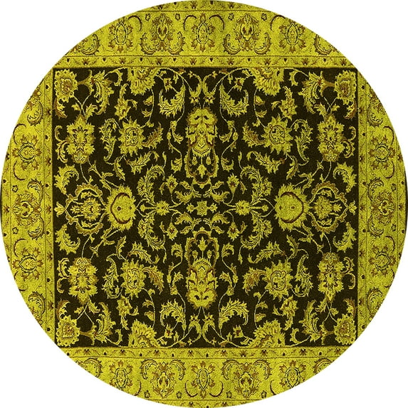 Ahgly Company Machine Washable Indoor Round Oriental Yellow Industrial Area Rugs, 4' Round