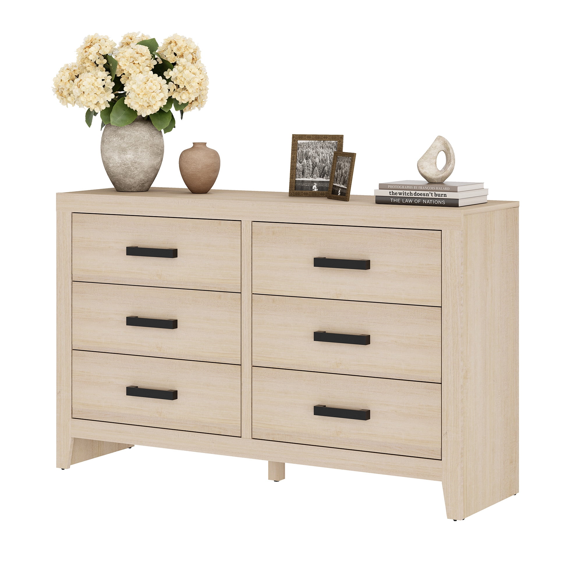 WAMPAT Farmhouse Wooden Sideboard with 6 Drawers, 53 Inch Wide Rustic Storage Sideboard Cabinet, Multi-Functional Buffet Cabinet for Living Room, Dinning Room, Beige