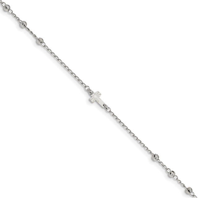 925 Sterling Silver Beads 9 Inch Plus 1 Cross Ankle Anklet Bracelet Religious
