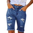 thumbnail image 2 of Ovticza Women's Ripped Mid-Rise Denim Bermuda Shorts Frayed Raw Hem Stretch Jean Shorts Blue M, 2 of 6