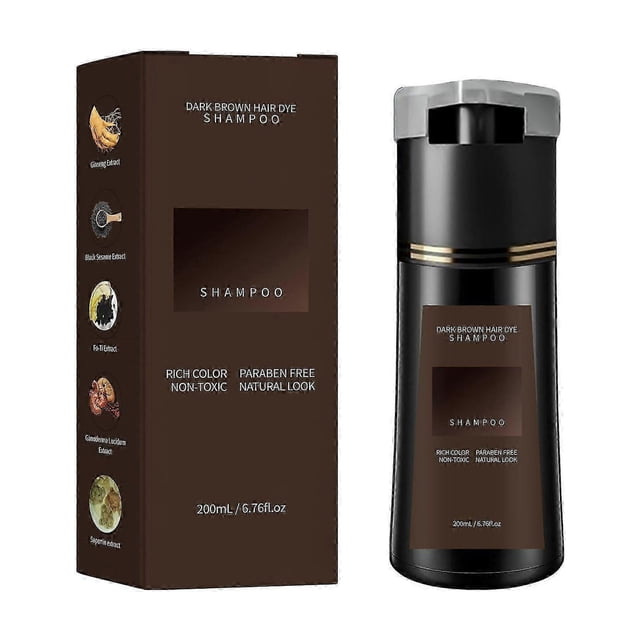 hair dye shampoo,hair dye shampoo for men& women,natural hair color shampoo for gray hair coverage,hair instant dye shampoo Vista frontal de un frasco negro de 200mL con tapa plateada y etiqueta marrón junto a su caja marrón con iconos botánicos; champú colorante instantáneo en tono oscuro para cubrir canas, 3‑en‑1 (lavado, acondiciona y color) y se recomienda realizar prueba de piel antes del uso.