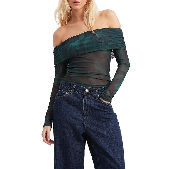 Michellecmm Women Slim Tops Long Sleeve Off Shoulder Tie Dye Print Mesh T-shirt