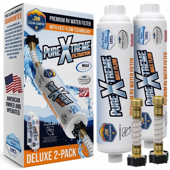 Clean Camper RV Inline Ultra-Premium Water Filter | Certified Carbon Activated Water Filtration | Filters Out Lead, Chlorine, Sediment & More | Experience Clean Water in Your RV | 2 pack