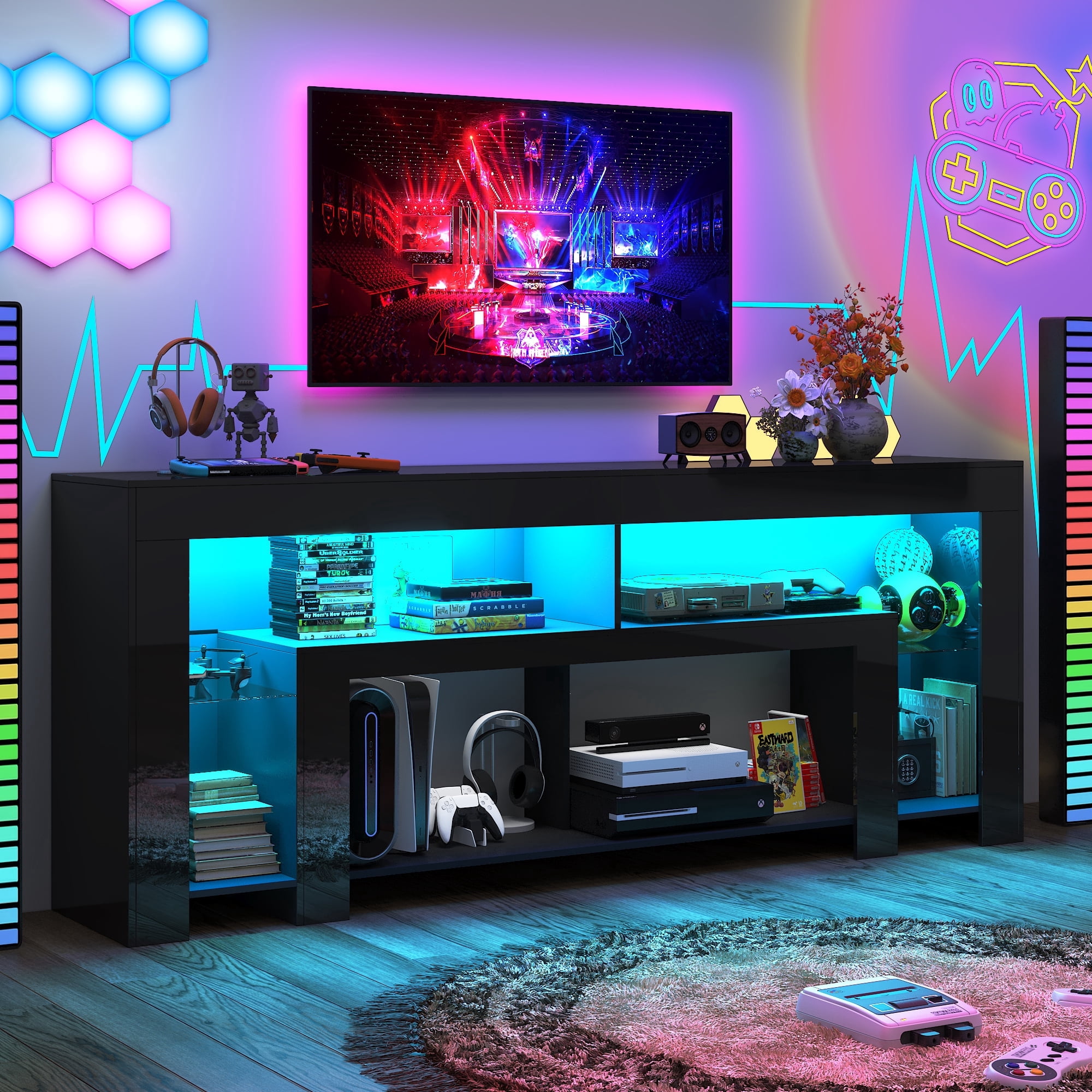 Blotout 82''Modern LED TV Stand for 85/90'' TV, High Gloss Entertainment Center with Adjustable Shelves & Open Storage, TV Console with 20 Color Changing Lights for Living Room Bedroom Game Room