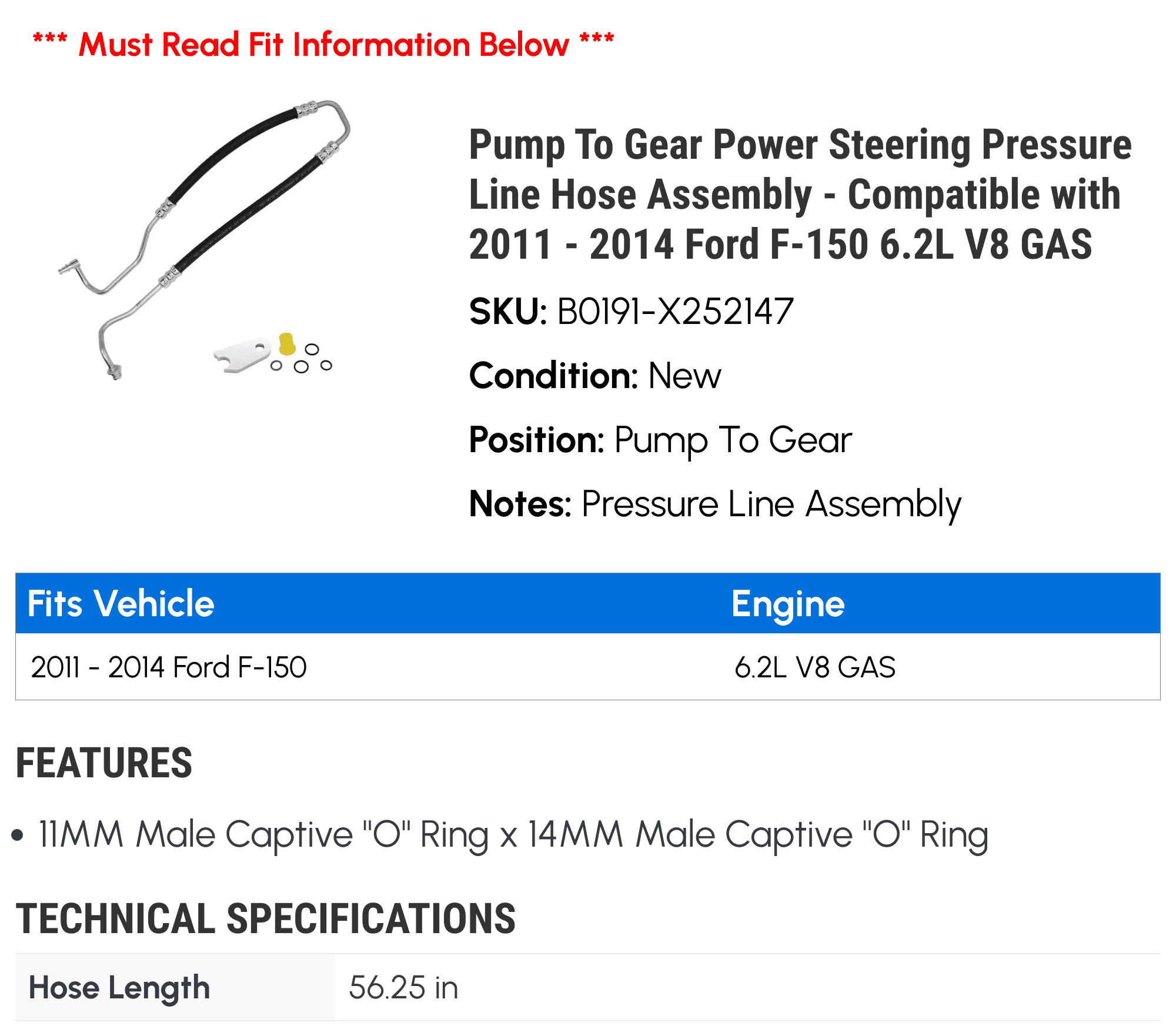 Pump To Gear Power Steering Pressure Line Hose Assembly - Compatible with 2011 - 2014 Ford F-150 6.2L V8 GAS 2012 2013