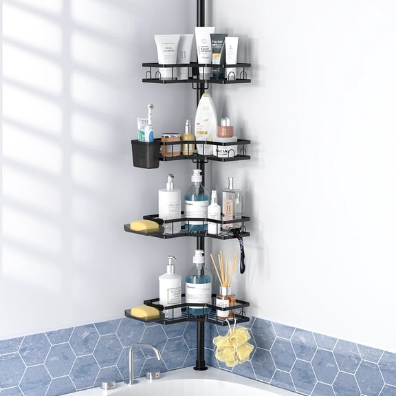 TINANA Shower Caddy with Tension Pole: 4 Tier Adjustable L-shaped Corner Shower Organizer for Bath Essentials, 43.5 to 120 Inch, Black
