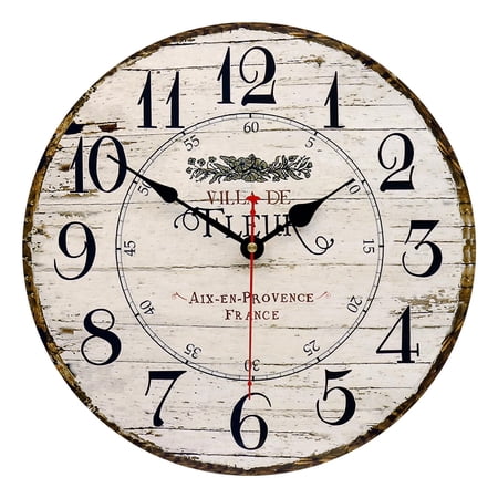 14 Inch Retro Vintage French Country Style Round Wooden Wall Clock Silent Battery Operated Non-ticking Decorative For Kitchen Farmhouse Bedroom Home