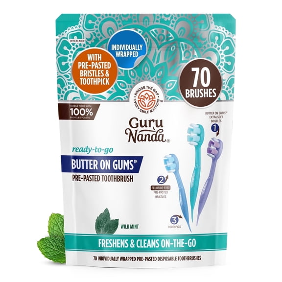 GuruNanda Butter on Gums Mini Travel Toothbrushes with Toothpaste - Extra Soft Bristles - 70 Count