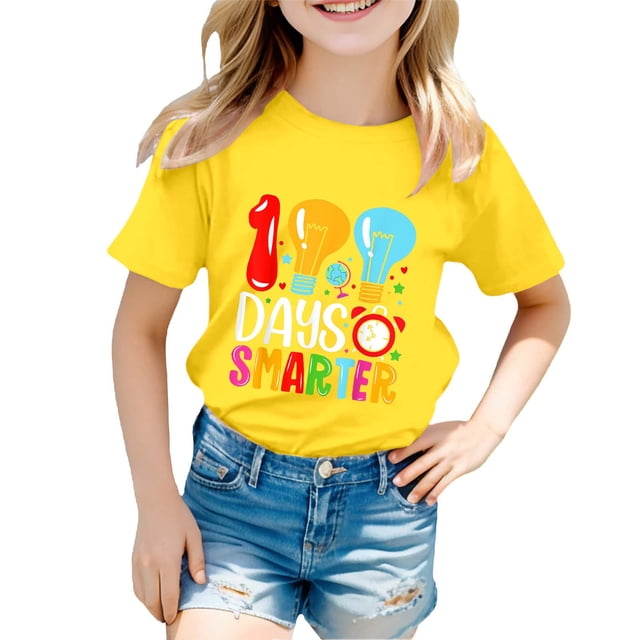 PMVFHDE Hauts Mignons pour Fille 2025 T-Shirt Robe Filles Hauts d'Été 2025 Maillots de Bain Filles Hauts Garçon et Fille Mode Décontractée Imprimé Col Rond Manches Courtes T-Shirt Haut Jaune, 3-4 Ans