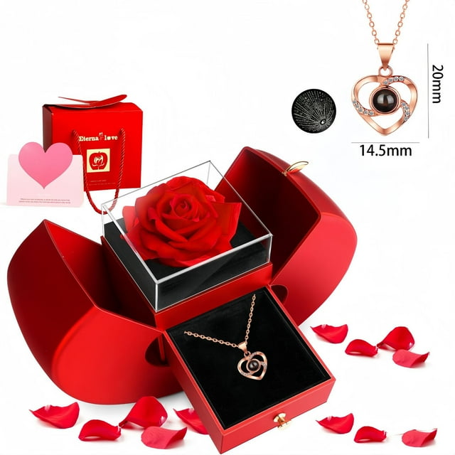 Sdmnsg-T Vraie Rose Préservée avec Cœur Je t'Aime Colliers pour Femmes - Fleurs Rouges Éternelles Cadeaux pour Elle Ensemble Cadeau Romantique pour Petite Amie Anniversaire de Mariage à la Saint-Valentin Fête des Mères Noël