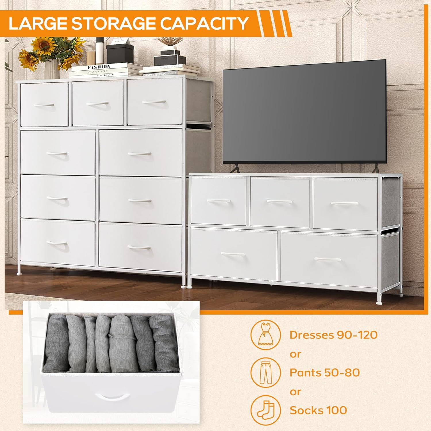 9 Drawer Dresser, Wide Chest Of Drawers Nightstand Storage Tower Storage Dresser Fabric Dresser With Wood Top for Living Room, Bedroom, Hallway, White