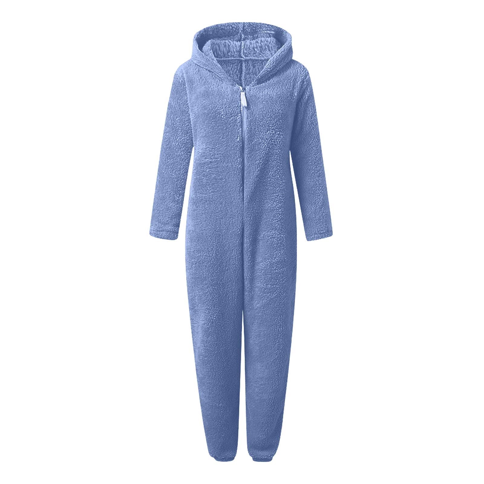 PEZHADA Fall Savings Fleece Pajamas for Women Winter Warm Romper Non footed Onesie Loungewear Pajama Blue