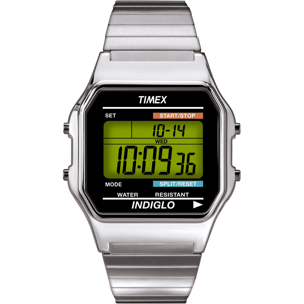 Timex - Timex Men's Classic Digital 34mm Watch â Silver-Tone Case Green Display with Extra-Long