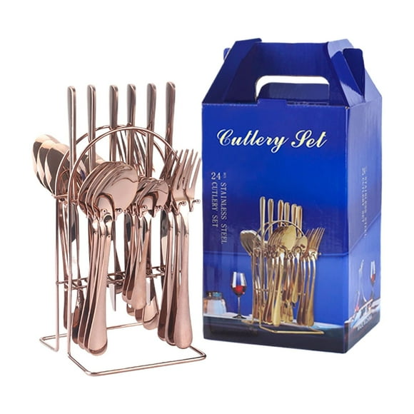Juego de cubiertos Injueey 24 unids/set con estante colgante Acero inoxidable Oro rosa