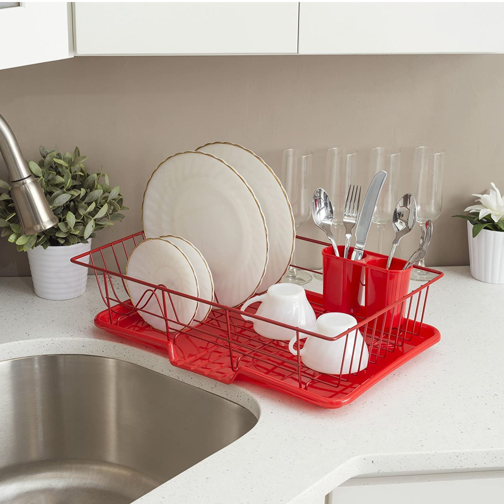 Large Kitchen Red Dish Drying Rack 2 Tier– Zincera