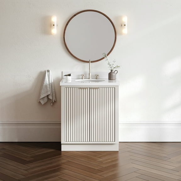 ARIEL Milan 31 Inch Single Oval Sink Bathroom Vanity with Pure White Quartz Countertop 1.5 Inch in Warm White