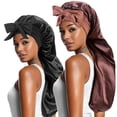 thumbnail image 2 of 2 count Long Satin Bonnets with Tie Band, Large Braid Bonnet Silky Hair Cap for  Women Sleeping, E, 2 of 7