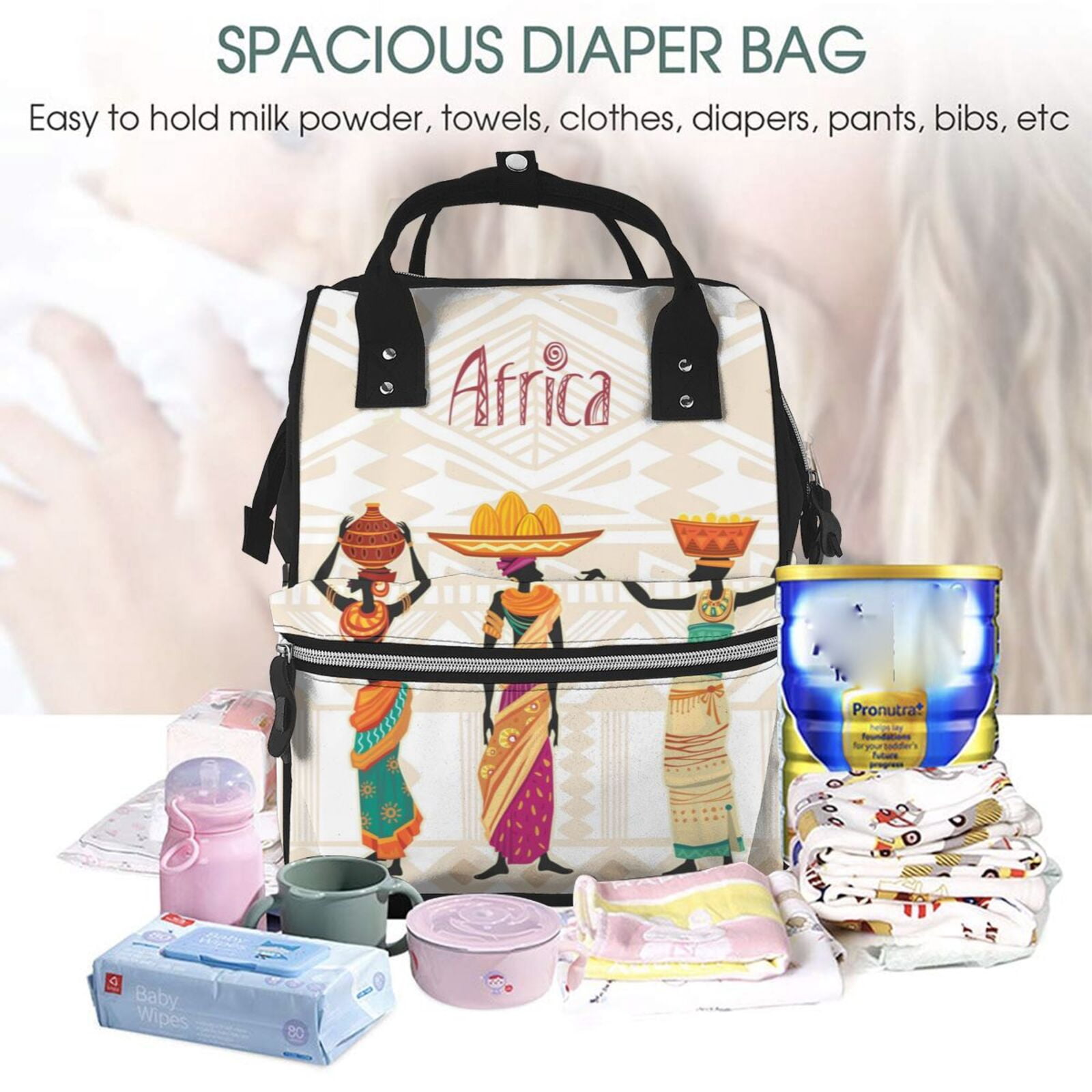 Ratiio Black African Woman Mummy Backpack - Waterproof Twill Canvas, Large Capacity Diaper Bag with Multiple Pockets and Adjustable Straps