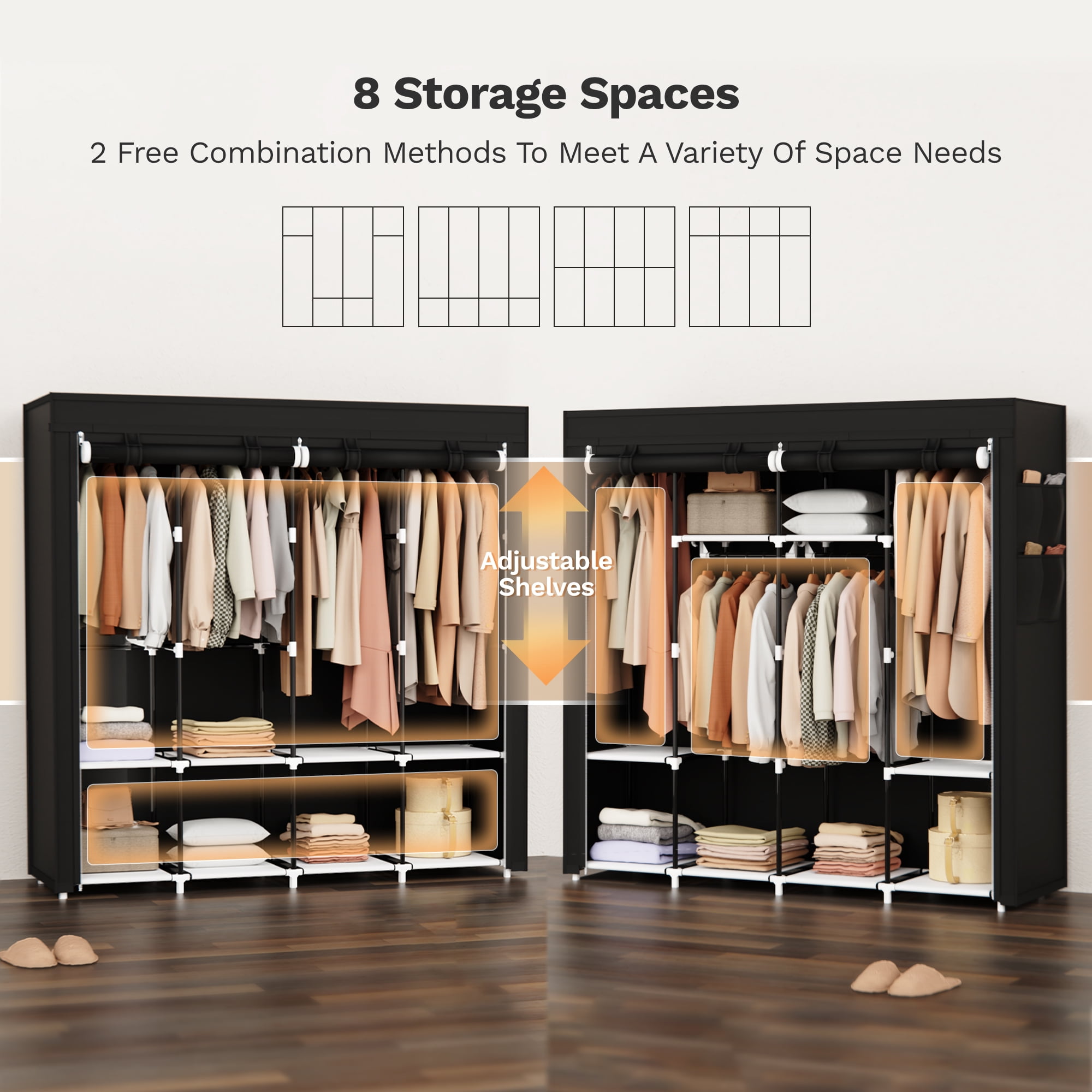 Riousery 67 Inch Large Portable Wardrobe Closet, 8 Storage Spaces