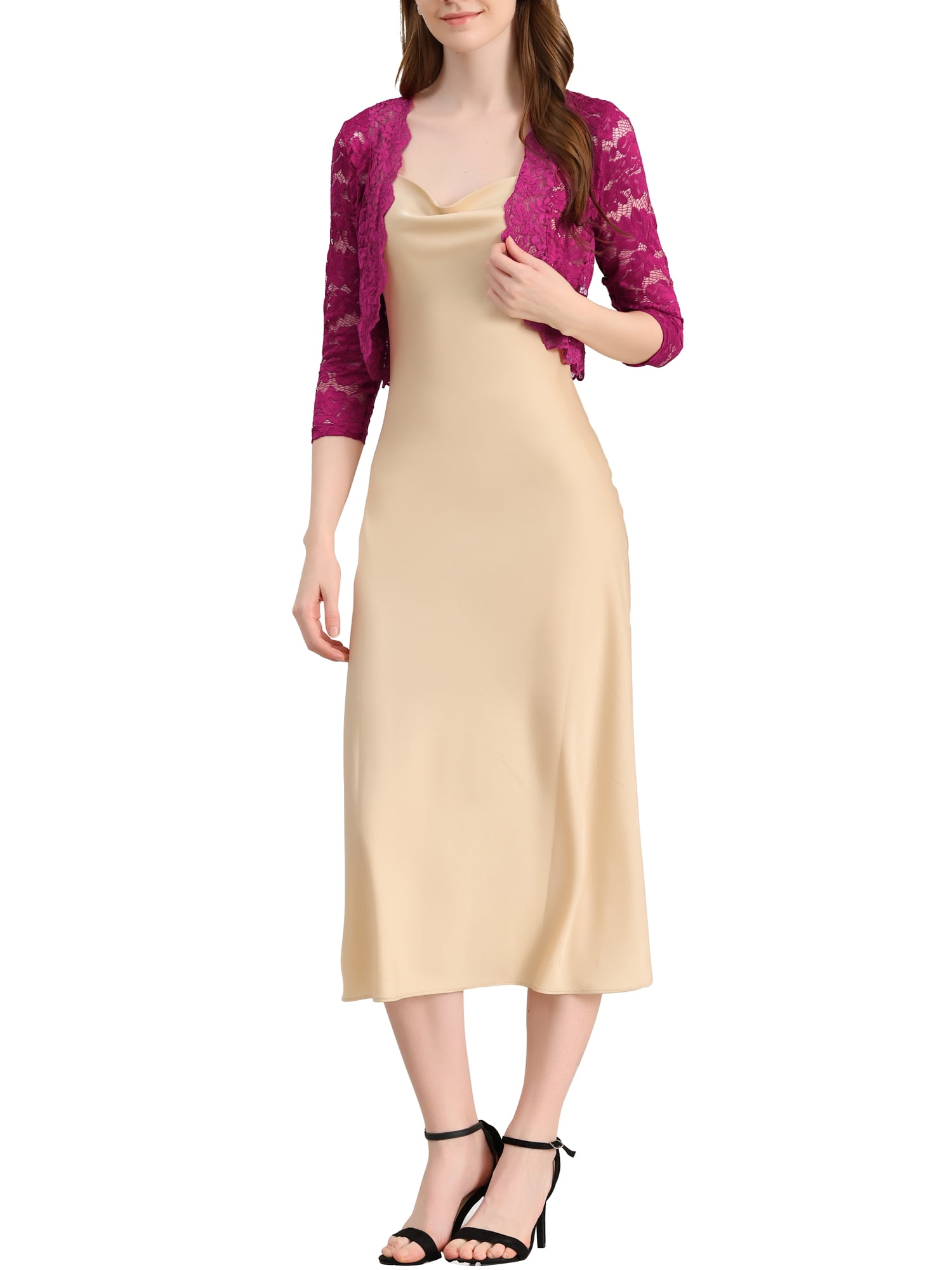 DARING DIVA 3/4 Sleeve Sheer Floral Lace Shrug Top M Mulberry