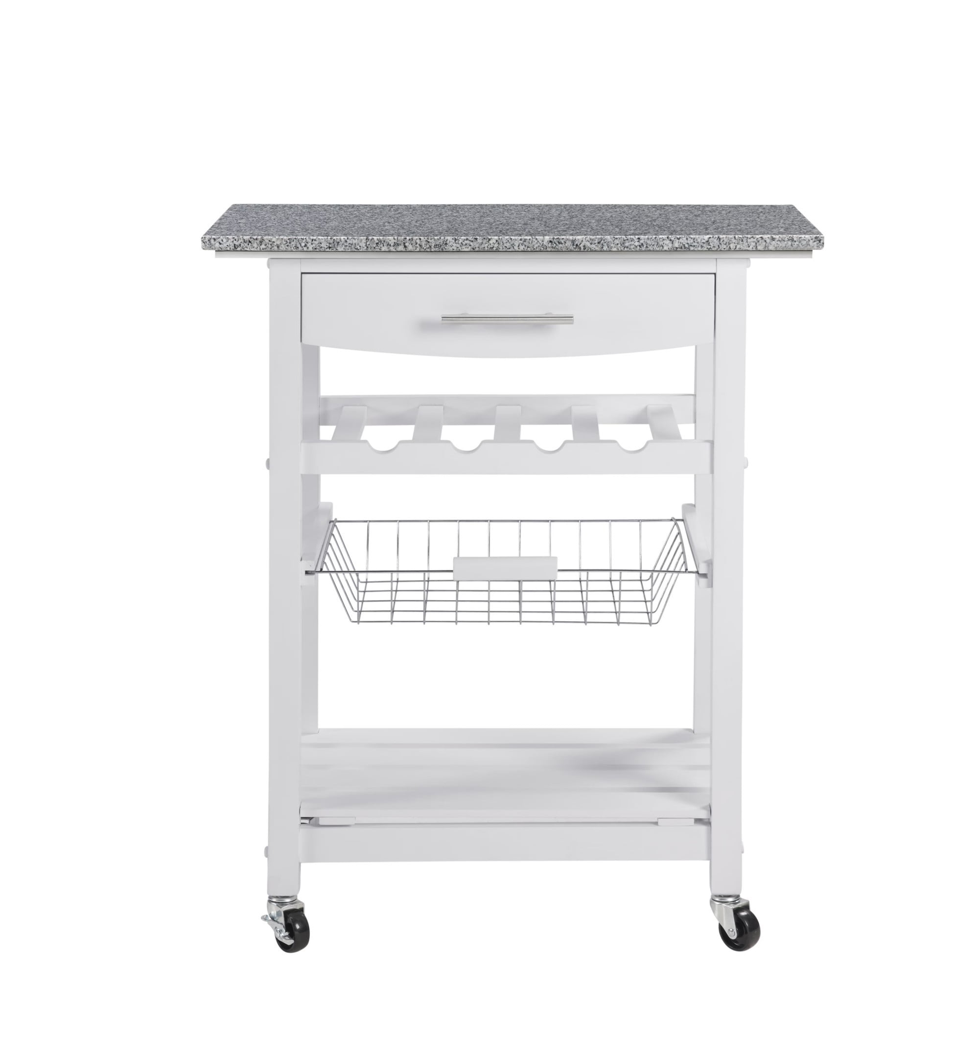 Mobile Rolling Kitchen Island Cart with Marble Top, Kitchen Trolley with Drawer & Slide-Out Wire Basket, Lockable Wheels, Portable Serving Cart for Kitchen, Dining Room, White