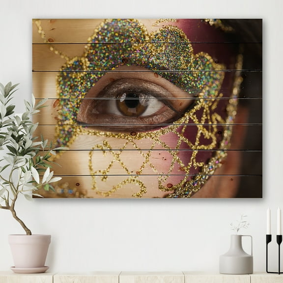 Designart 'Girl With Venetian Mask' Modern Print on Natural Pine Wood