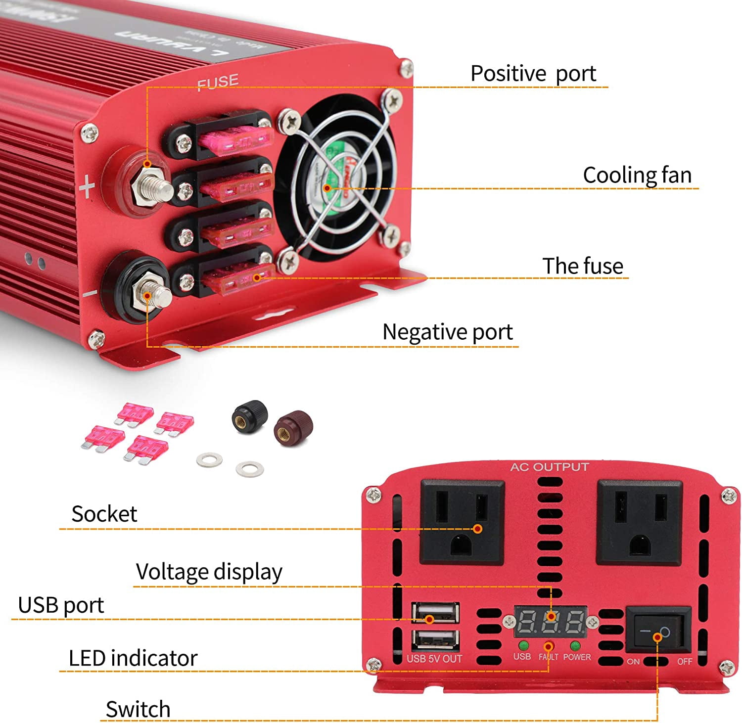 Yinleader 1500 Watts Power Inverter Dual AC Outlets and Dual USB DC 12V to 110V AC Converter with Digital Display