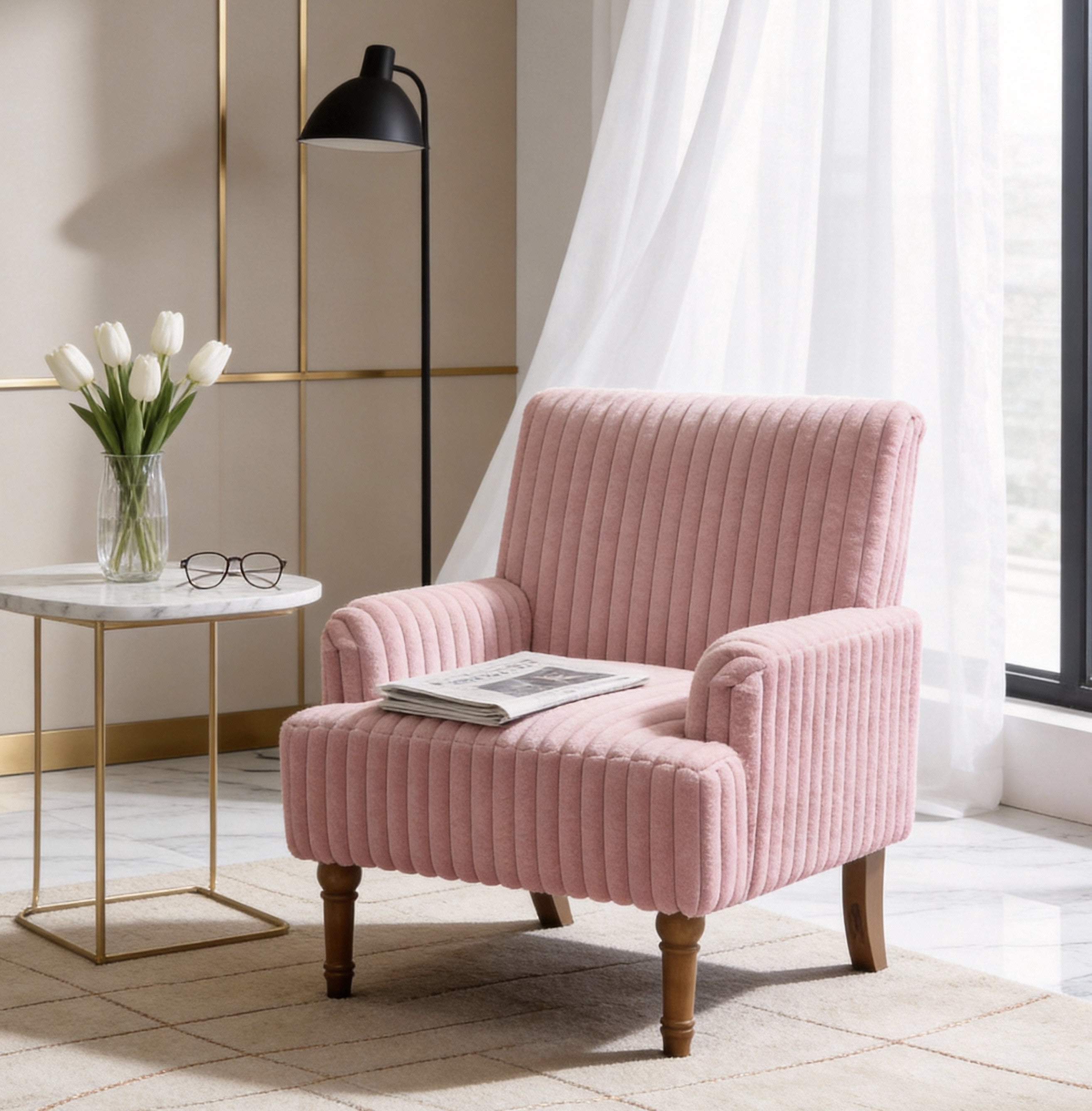 Modern Accent Chair with Wide Wale Corduroy, 9 Inch Solid Wood Legs, Upholstered Armchair with Thick High-Density Foam Cushion for Living Room, Pink