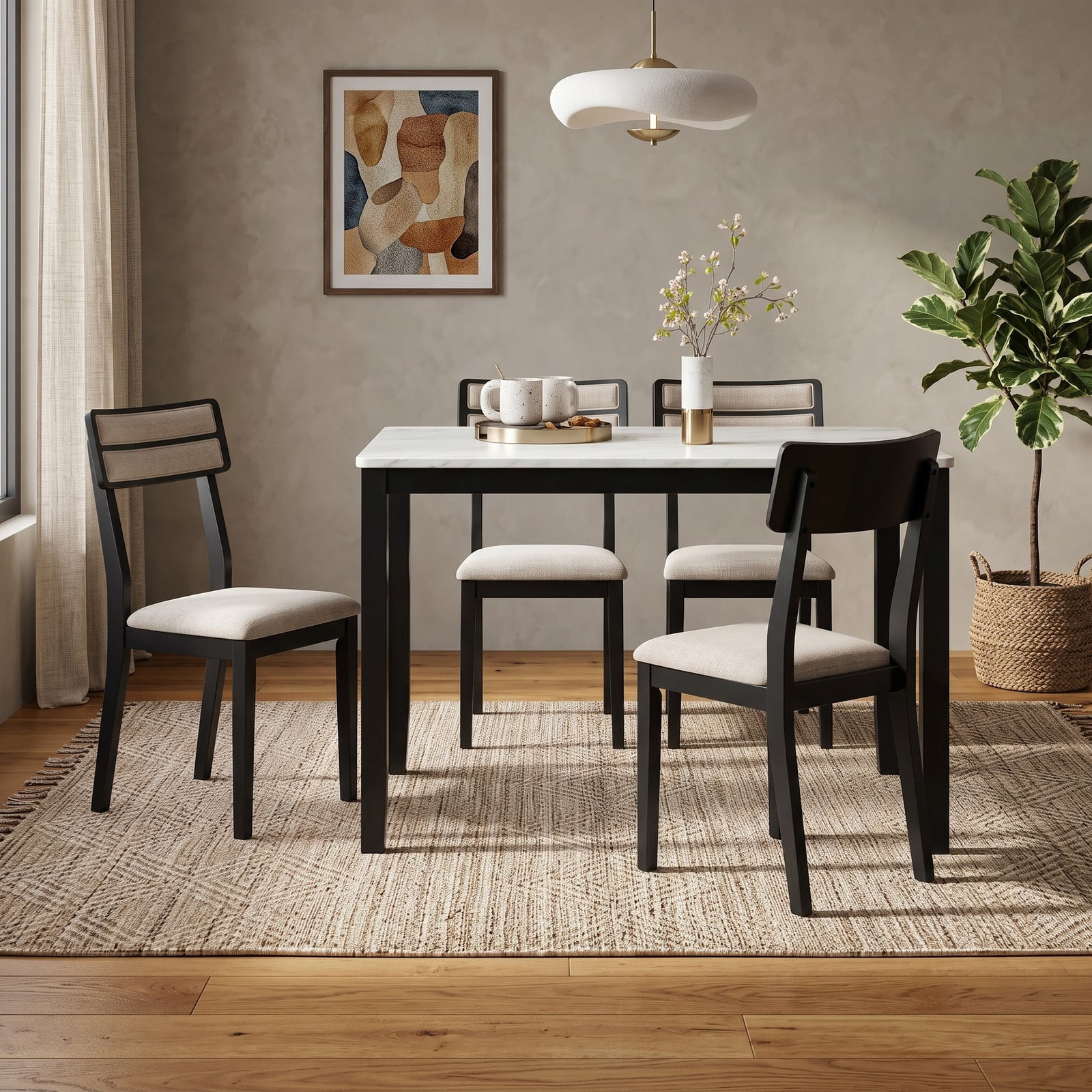 Furnibear Modern Dining Chairs Set of 4, Upholstered Linen-Feel Fabric Kitchen Chairs with Tilt Backrest and Rubber Wood Legs, Padded Accent Side, Beige and Black