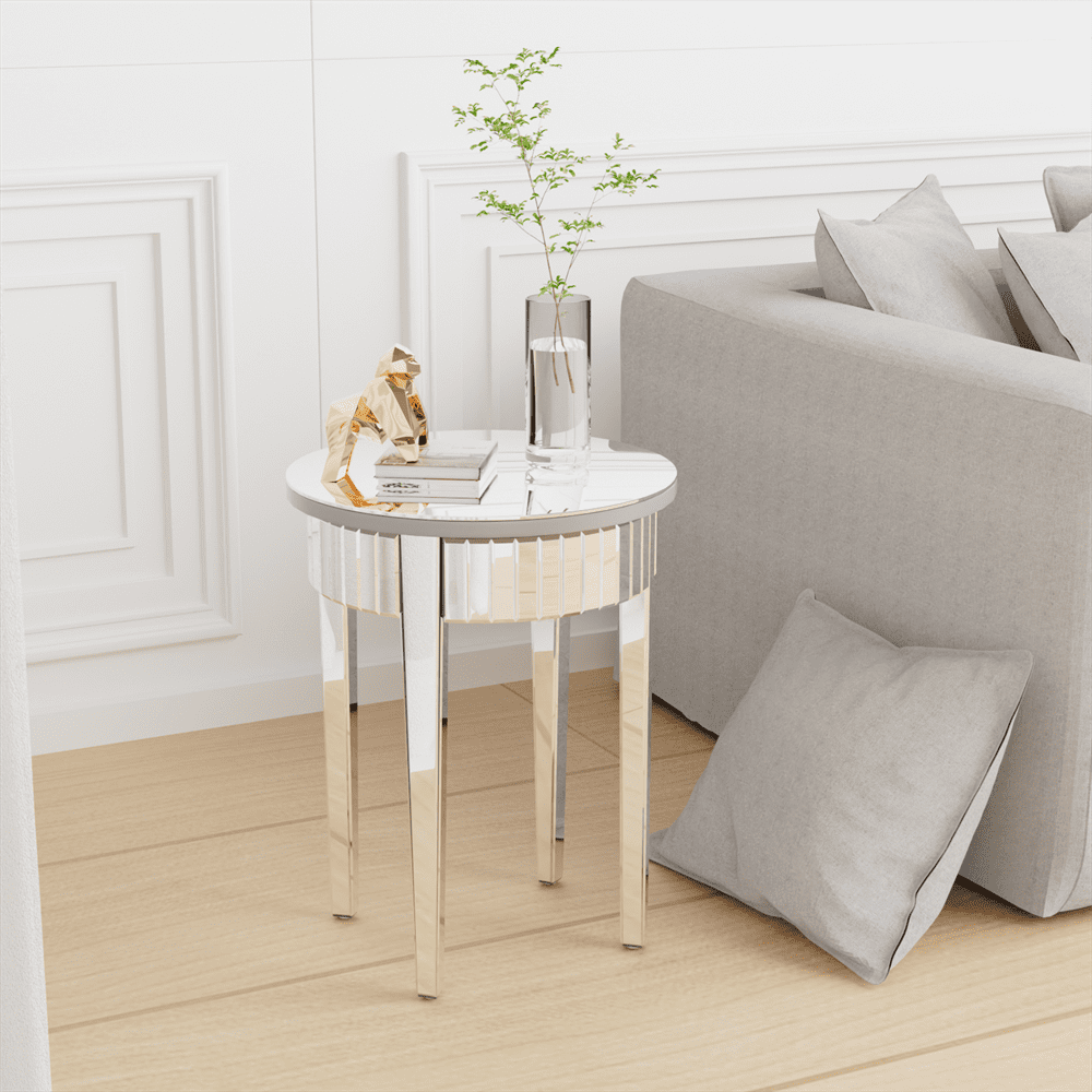 Wisfor Round Mirrored End Table Silver Sofa Side Table Hallway Living Room Furniture, 17.7 inch